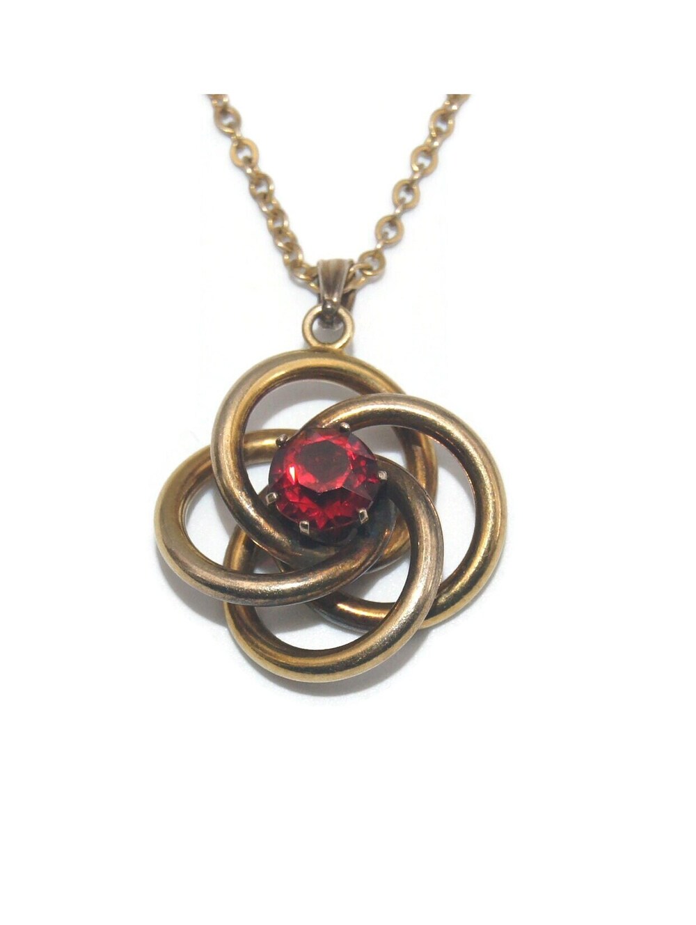 Vintage Gold Tone and Red Rhinestone Pendant on 18 Inch Gold Tone Chain.